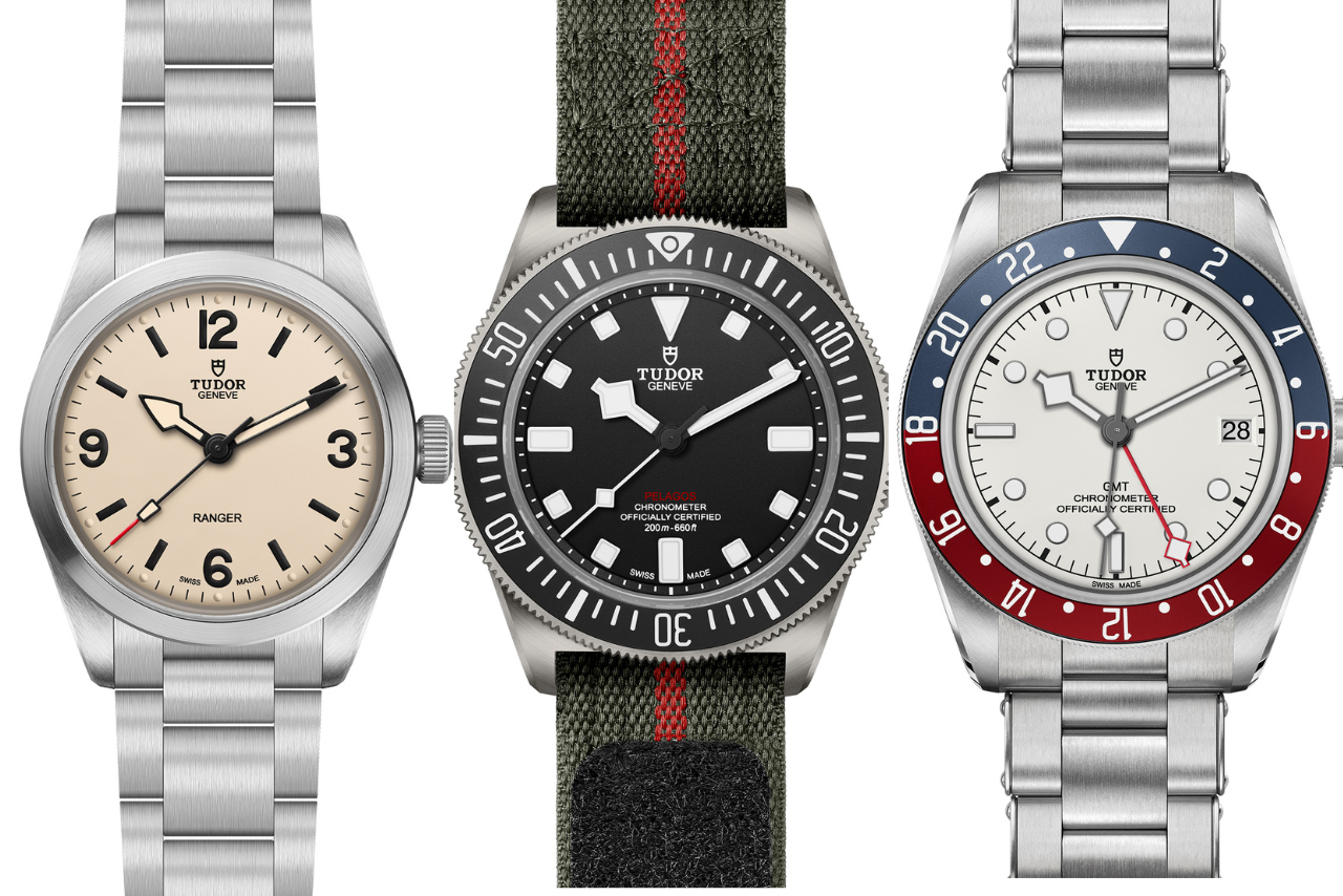 Three TUDOR wristwatches, two with metallic bracelets and one with green rubber one, showcasing arab numerals, beige, black, and white dials