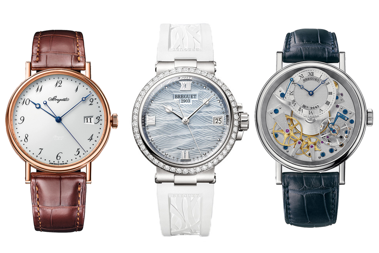 Three Breguet watches with leather straps, arab and roman numerals, and white dials