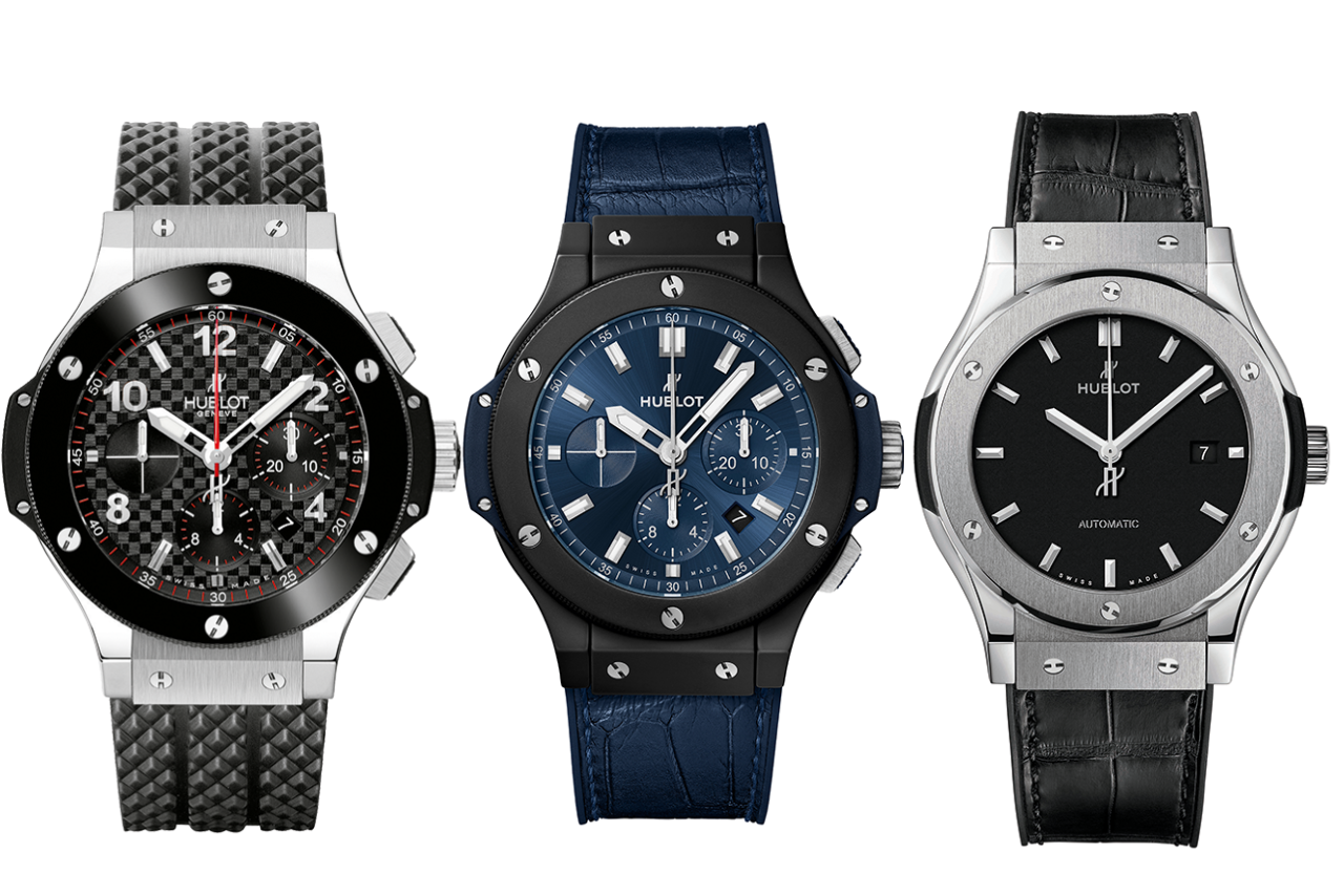 Three Hublot watches with leather and rubber bracelets, black and deep blue dials, arab numerals and several complications.