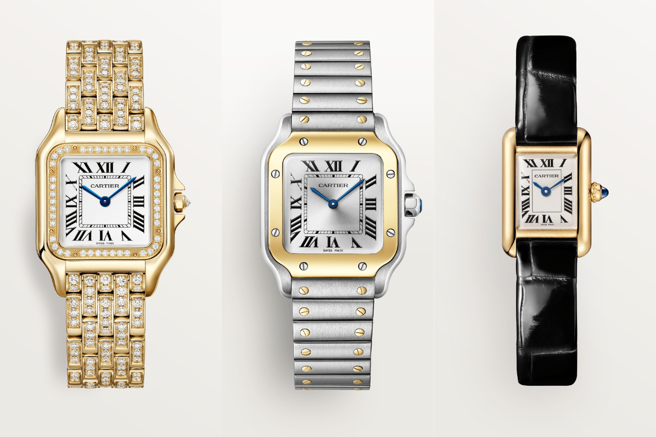 Three Cartier watches, one encrusted with diamonds, other is crafted from mixed metals, and last one with leather bracelet, all showcasing roman numerals
