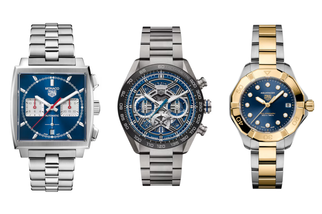 Three TAG Heuer watches with various deep blue dials, complications, metallic bracelets