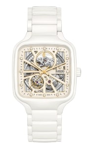 A Rado True Square watch features a square-shaped skeleton dial.