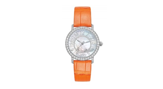 a white gold Blancpain watch with a bright orange strap, mother of pearl dial, and diamond studded bezel