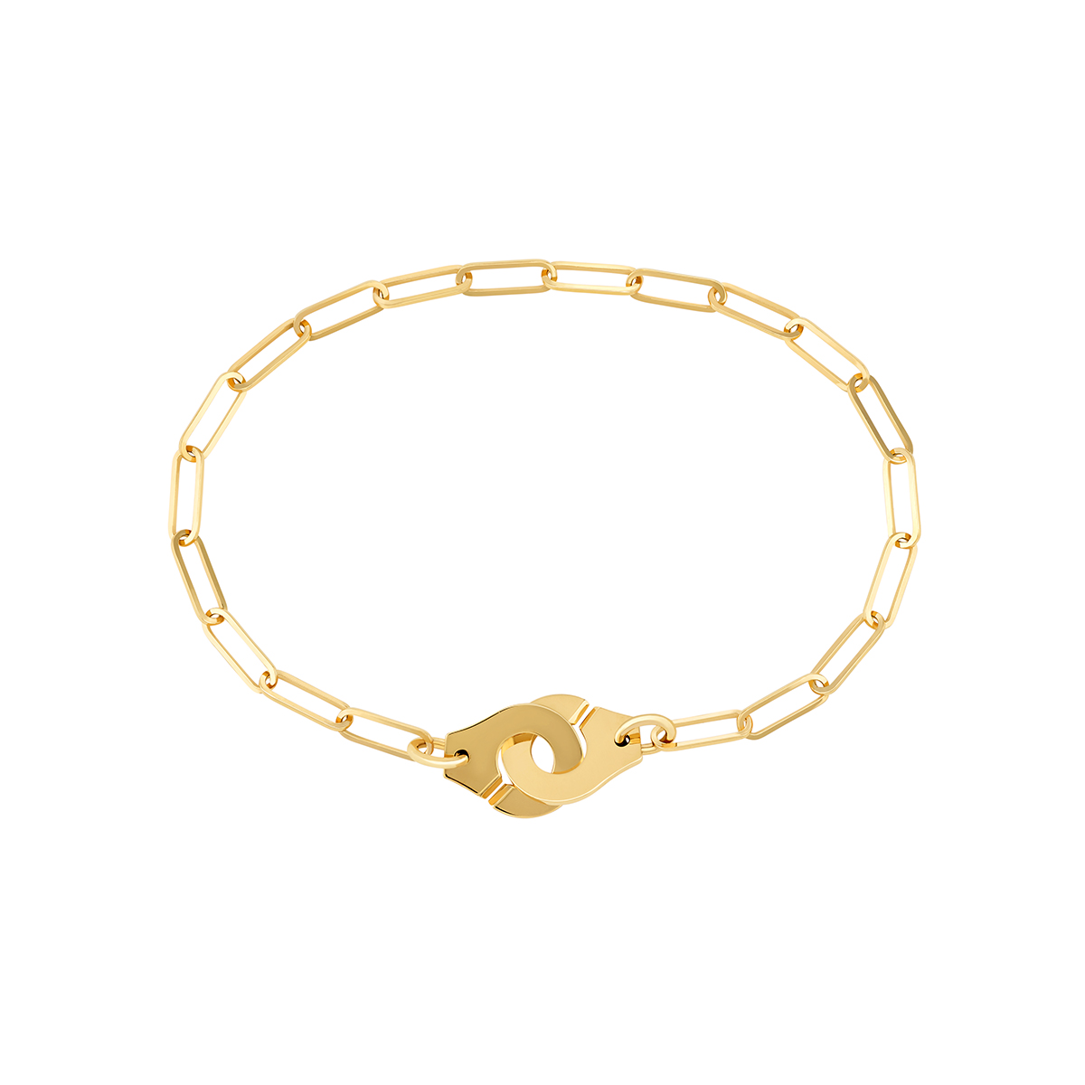 A yellow gold paper clip chain bracelet.