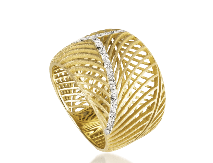 A yellow gold textured ring with a line of diamonds.