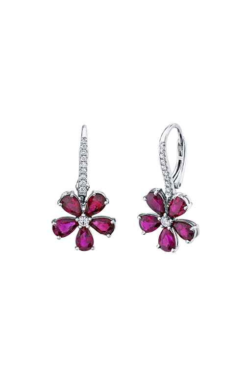 White gold flower shaped earrings with pear shaped rubies and diamonds.