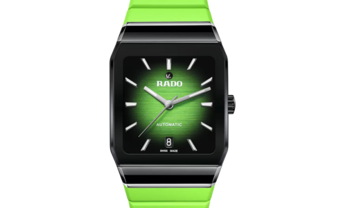 A vibrant Rado Anatom watch with a lime green rubber bracelet, available at Hing Wa Lee Jewelers.