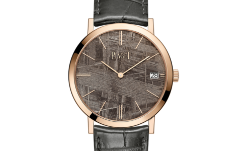 An elegant Piaget watch with a textured brown dial, available at Hing Wa Lee Jewelers.