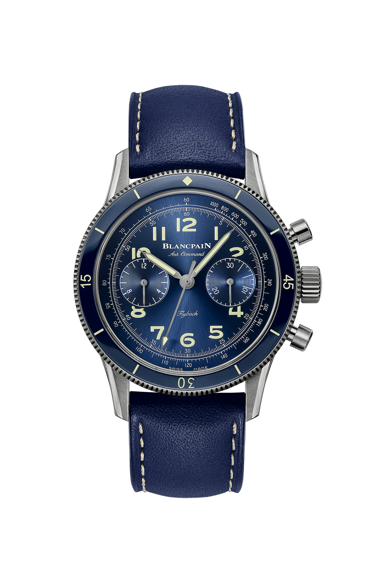 A Blancpain watch with blue dial, and dark blue strap on sa white background