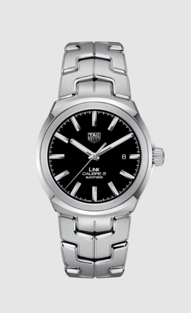 A Tag Heuer stainless steel watch with black dial on a white background