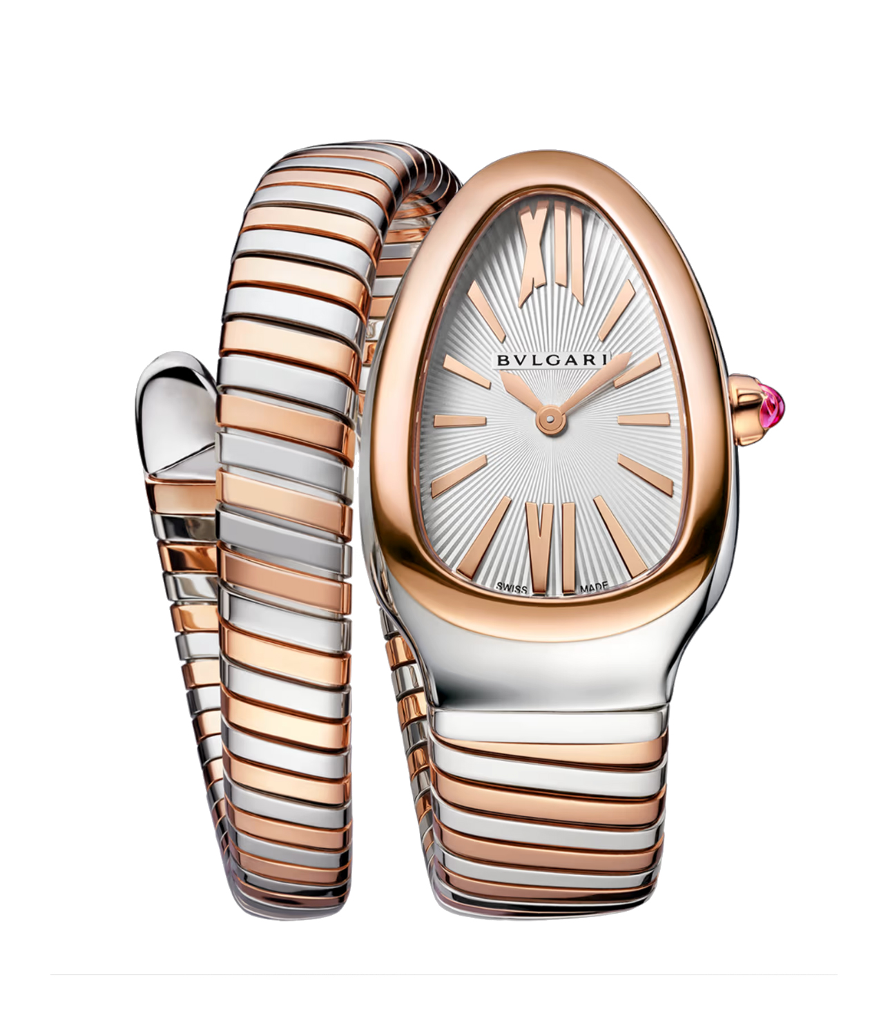 A Serpenti Tubogas BVLGARI watch made from rose gold and stainless steel on a white background