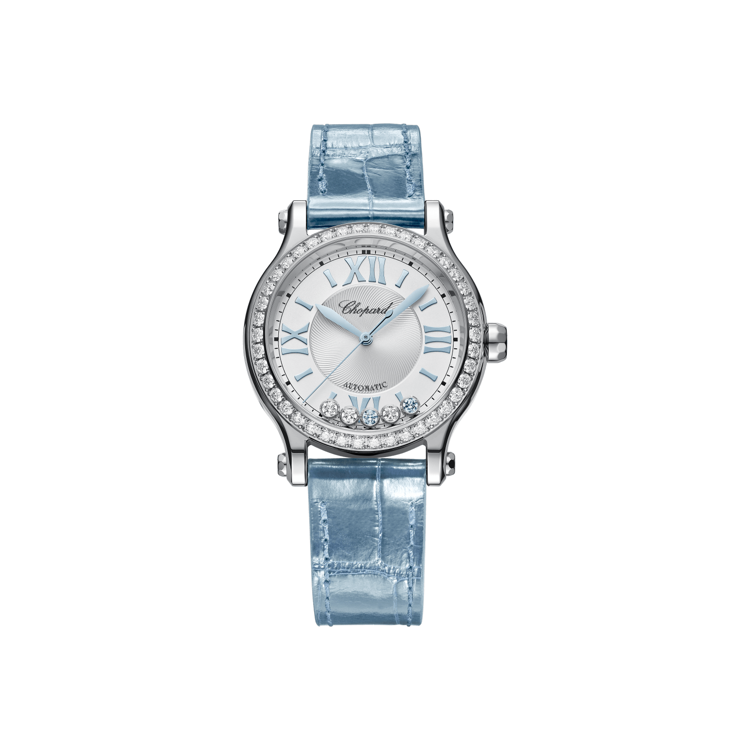 A Chopard watch with silver dial with blue accents and blue alligator strap.