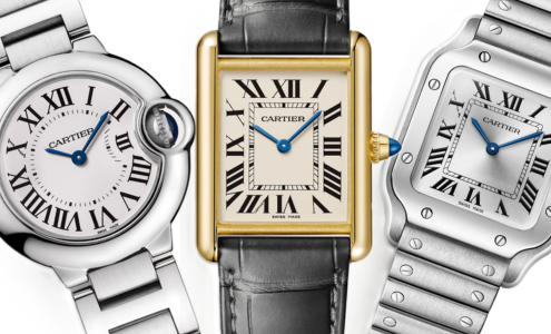 A close-up of three distinctive Cartier watches, all available at Hing Wa Lee Jewelers.