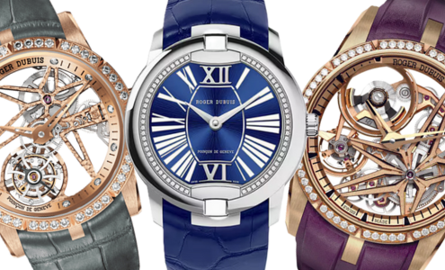 A close-up of three distinctive Roger Dubuis watches, all available at Hing Wa Lee Jewelers.