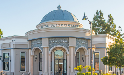 A bright view of Hing Wa Lee Jewelers’ flagship store in San Gabriel, California.