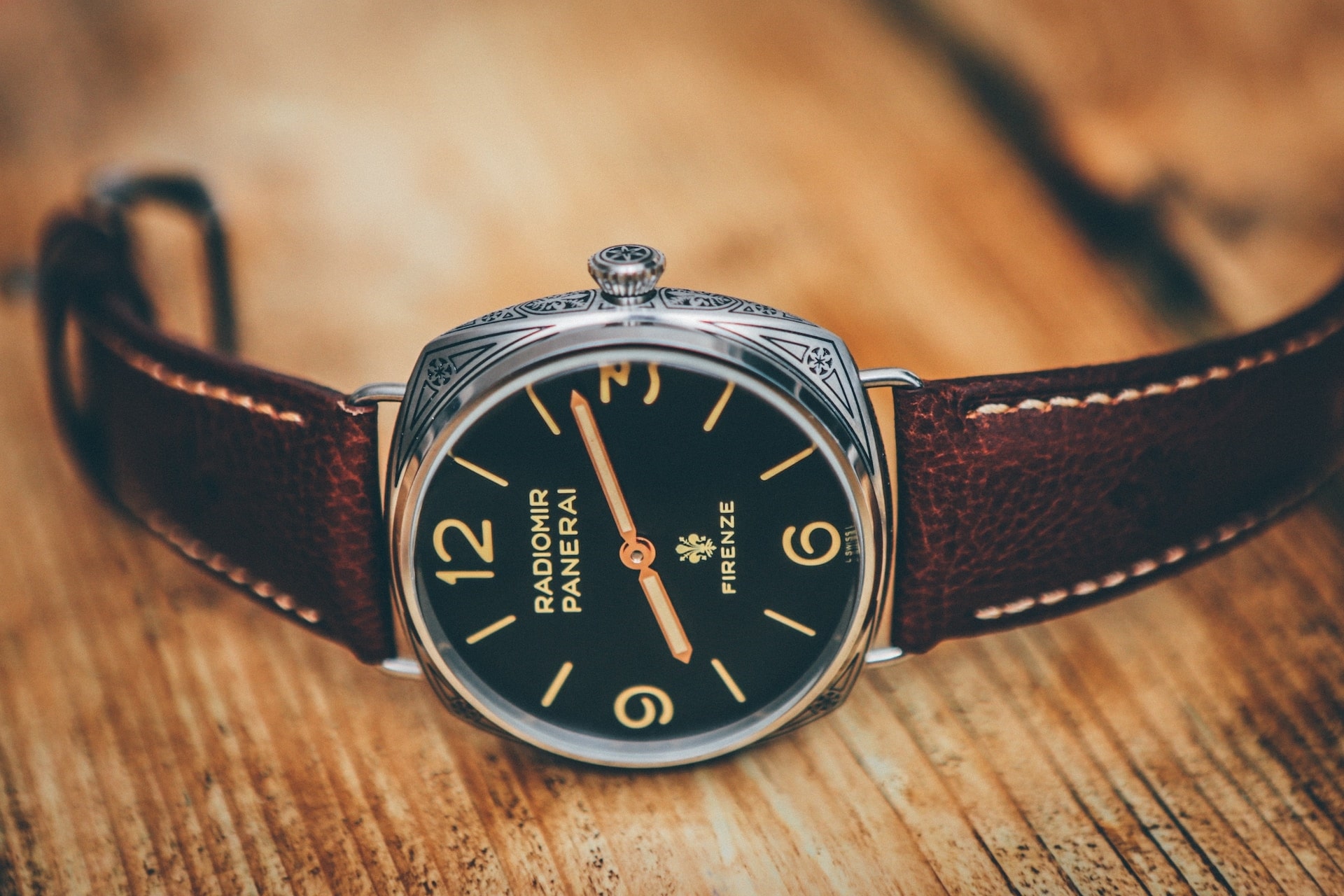 Panerai Radiomir Watch sitting on a wooden table