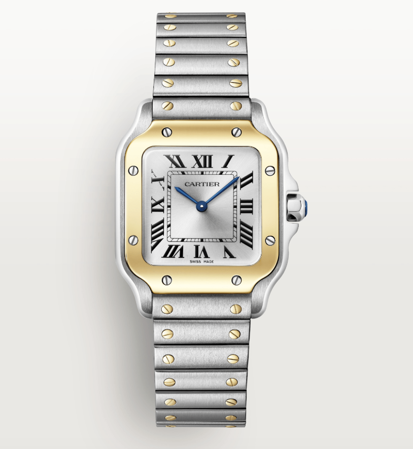 A white and yellow gold metallic Cartier wristwatch with roman numerals.