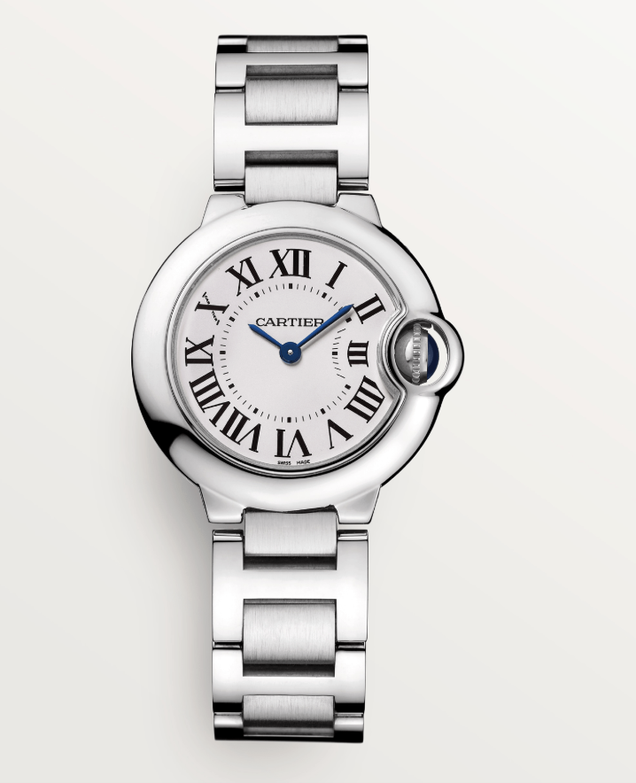 A silver steel Cartier wristwatch with a round dial and roman numbers.
