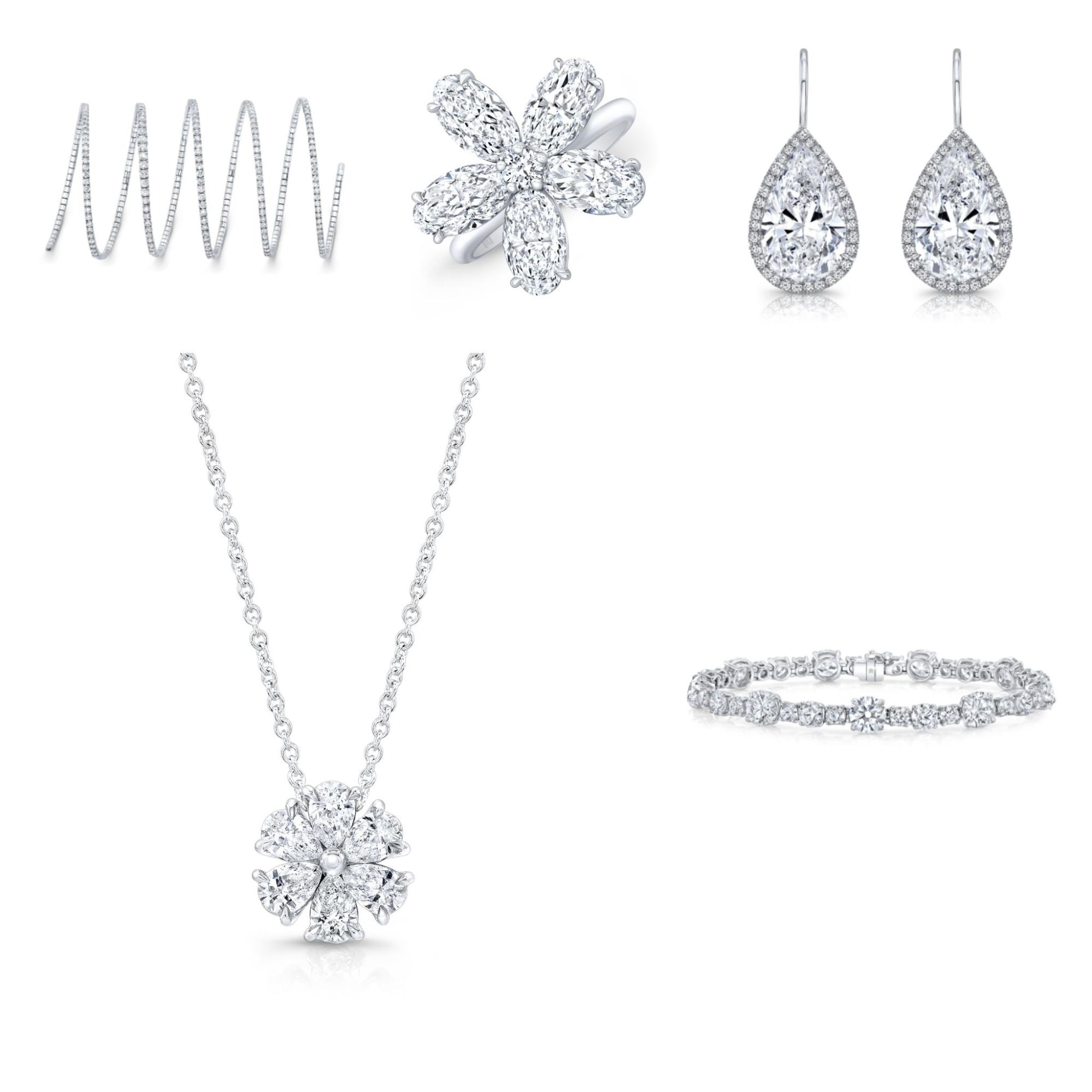 Diamond jewelry set: spiral diamond bracelet, flower-shaped ring, teardrop earrings, intricate necklace, and a delicate diamond bracelet.