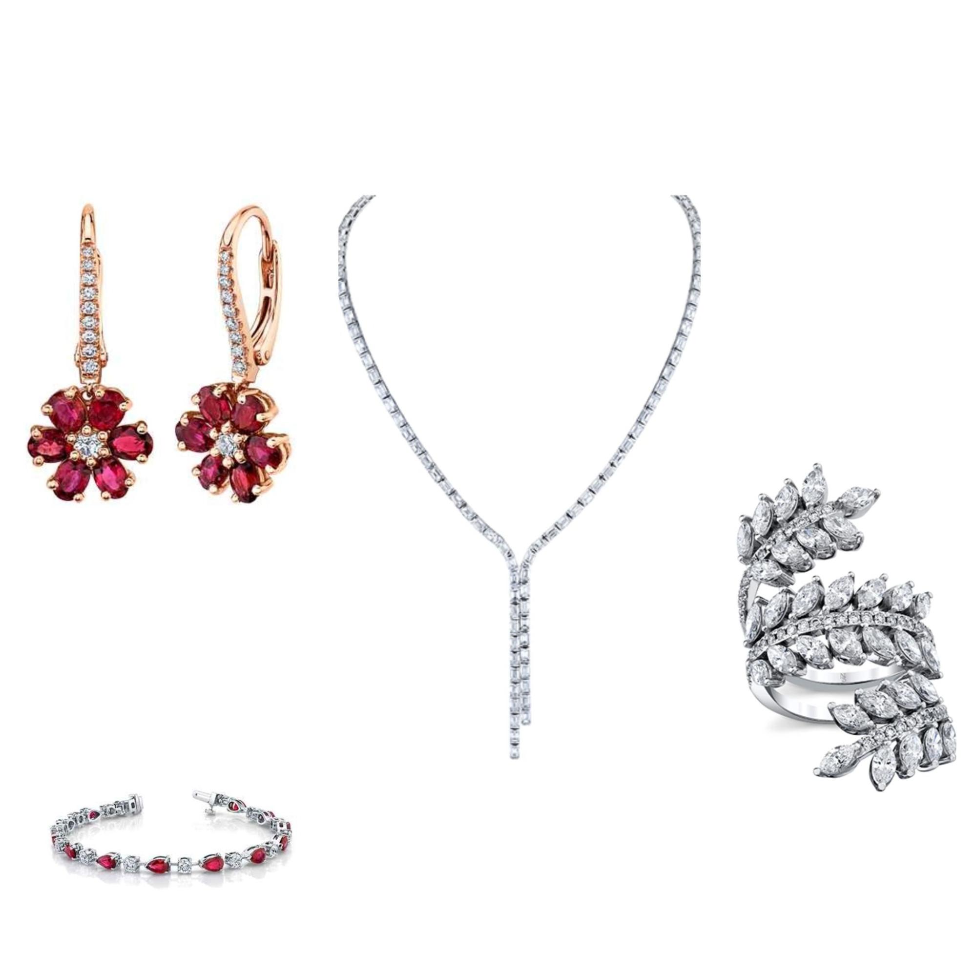 Norman Silverman&rsquo;s elegant jewelry: ruby flower earrings with diamonds, a Y-shaped diamond necklace, a ruby and diamond bracelet, and a leaf-patterned diamond ring.