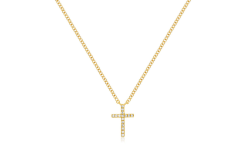 A glistening yet tasteful diamond cross necklace, available at Hing Wa Lee Jewelers.
