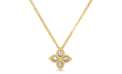 A yellow gold Roberto Coin Princess necklace with diamond accents, available at Hing Wa Lee Jewelers.