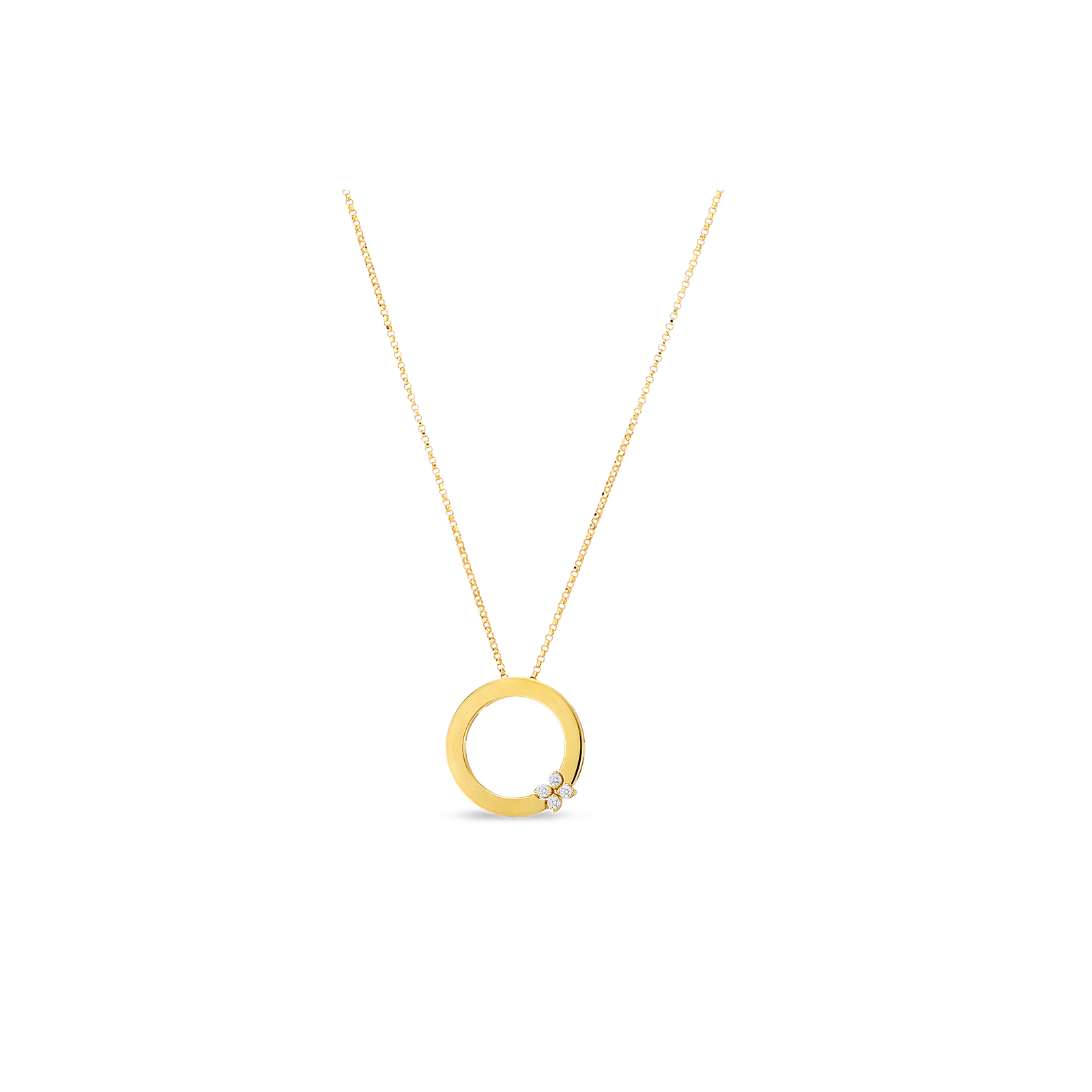 A yellow gold circle diamond pendant.