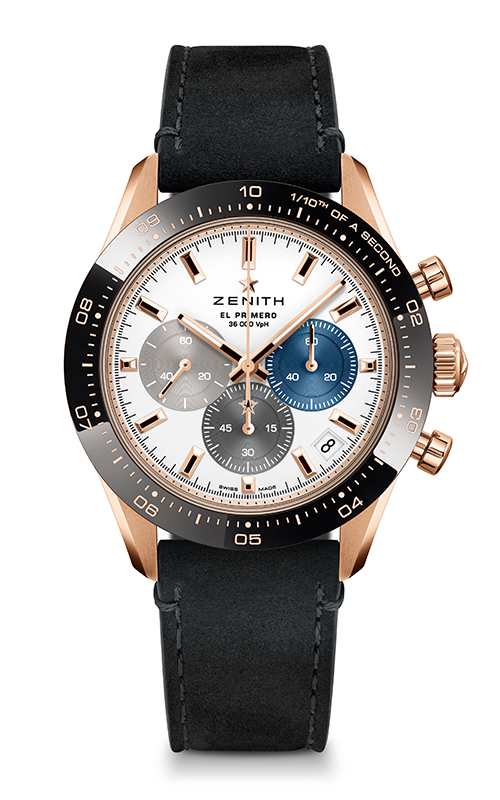 A Zenith watch with a black leather band, rose gold bezel, and a white dial with several complications.