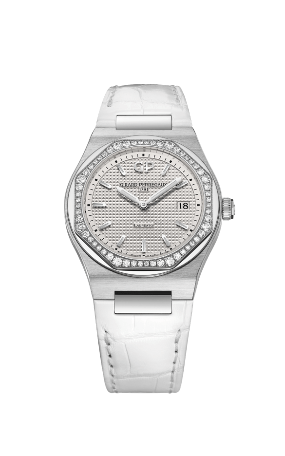 A watch with a diamond bezel, white alligator bracelet, and a white dial.