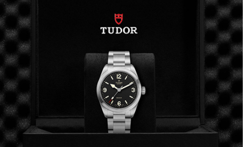 A stainless steel TUDOR Ranger watch showcased in an elegant black display.