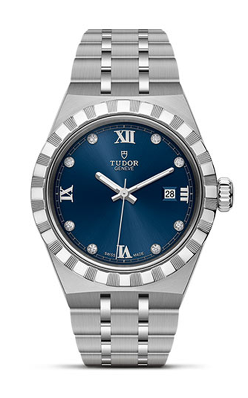 A TUDOR stainless steel bracelet with blue dial against a white background
