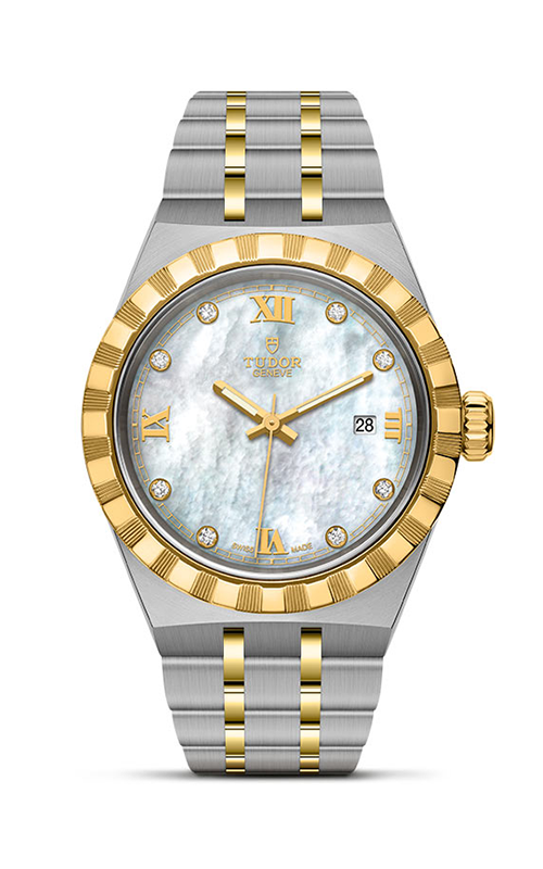 A TUDOR watch with yellow gold bezel and white dial against a white background