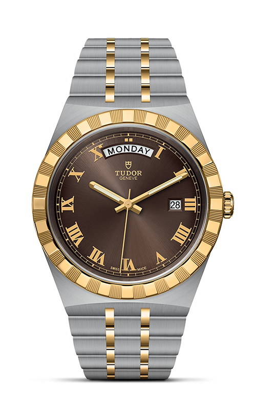 A TUDOR watch with brown dial, yellow gold bezel and stainless steel bracelet. 
