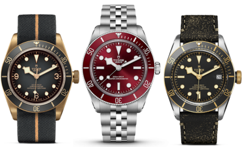 A close-up of three TUDOR Black Bay watches, both available at Hing Wa Lee Jewelers.