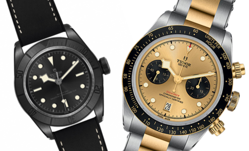 A close-up of two TUDOR Black Bay watches, both available at Hing Wa Lee Jewelers.