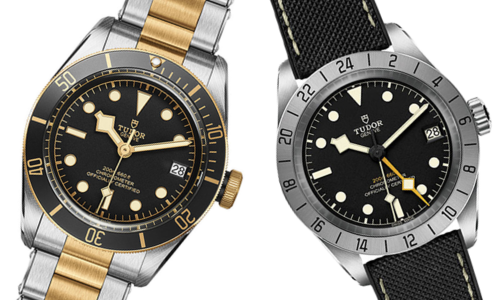 A close-up of two TUDOR Black Bay watches, both available at Hing Wa Lee Jewelers.