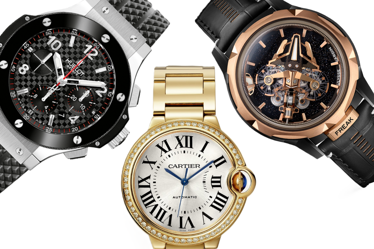 A close-up of a selection of three luxury watches, one from Hublot, another from Cartier, and the last from Ulysse Nardin, all available at Hing Wa Lee Jewelers.