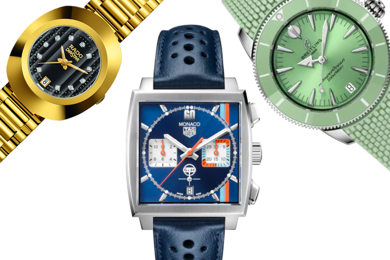 A close-up of a selection of three luxury watches, one from Rado, another from TAG Heuer, and the last from Breitling, all available at Hing Wa Lee Jewelers.