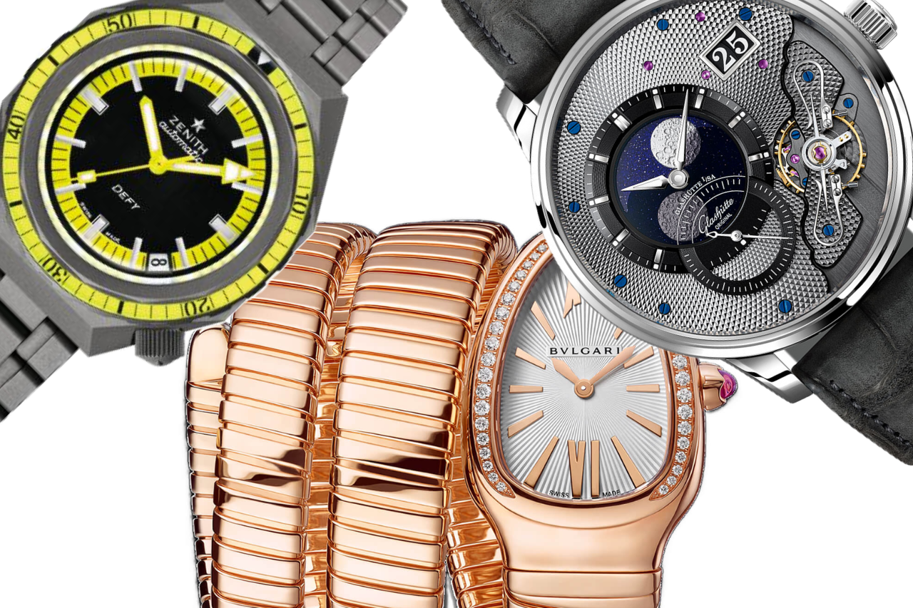 A close-up of a selection of three luxury watches, one from Zenith, another from BVLGARI, and the last from Glashütte, all available at Hing Wa Lee Jewelers.