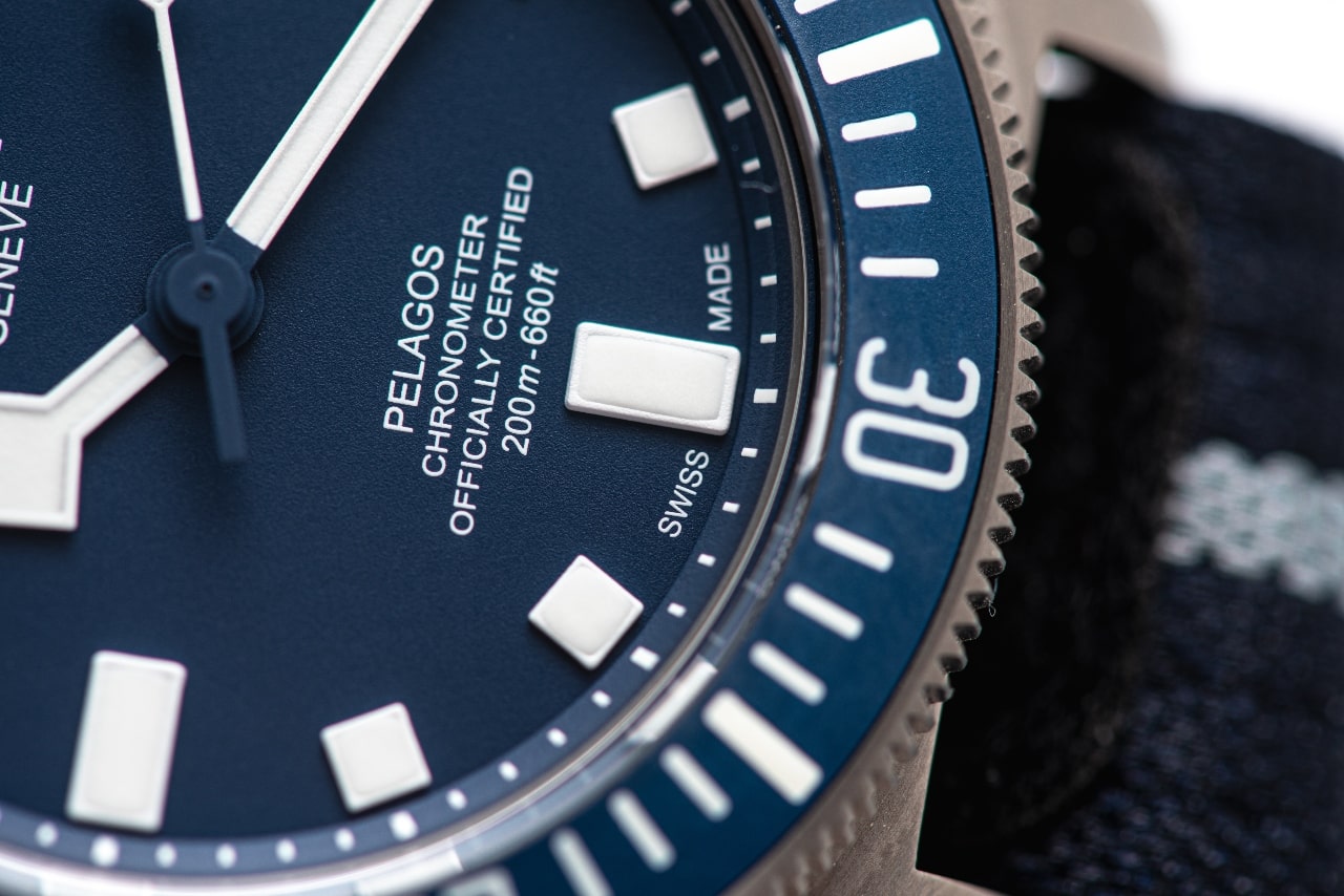 A close up of a Pelagos watch&rsquo;s black dial
