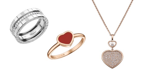 Three diverse pieces of Chopard jewelry, two featuring a heart motif, available at Hing Wa Lee Jewelers.