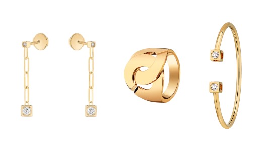Three chic and versatile pieces of gold jewelry by Dinh Van, available at Hing Wa Lee Jewelers.