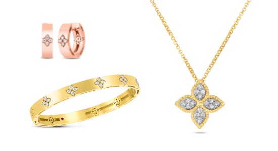 Three pieces of Roberto Coin jewelry featuring the designer’s trademark shape, available at Hing Wa Lee Jewelers.