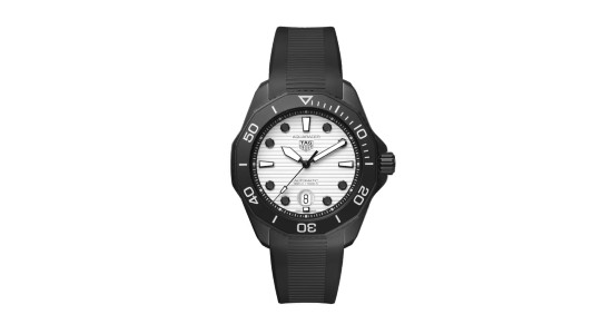 a black TAG Heuer watch with a white lume dial
