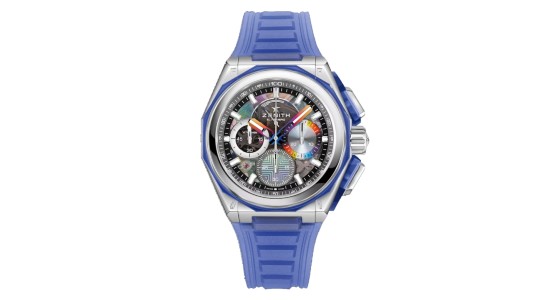 a Zenith watch with a periwinkle strap and rainbow details on the dial