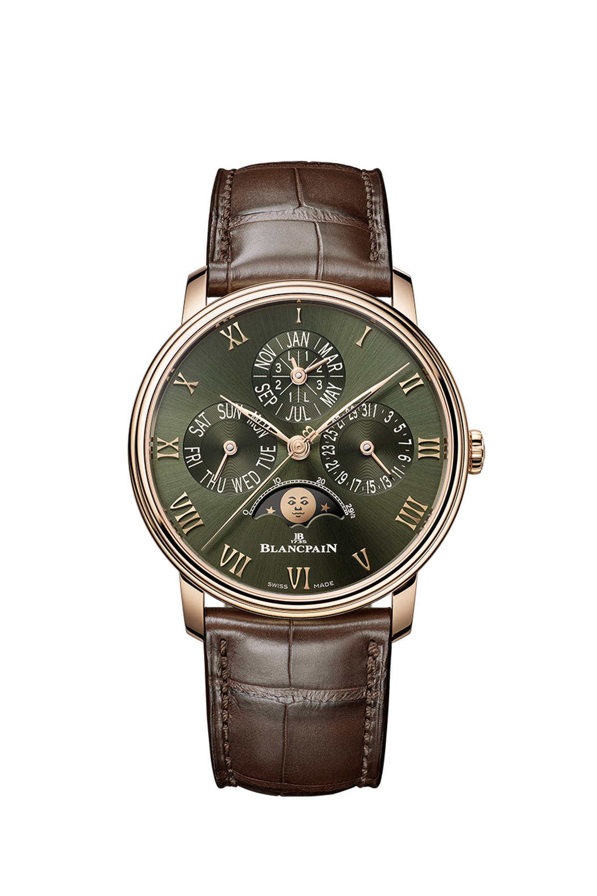 A Blancpain watch with a green face, rose gold accents, and brown leather strap, available at Hing Wa Lee Jewelers.