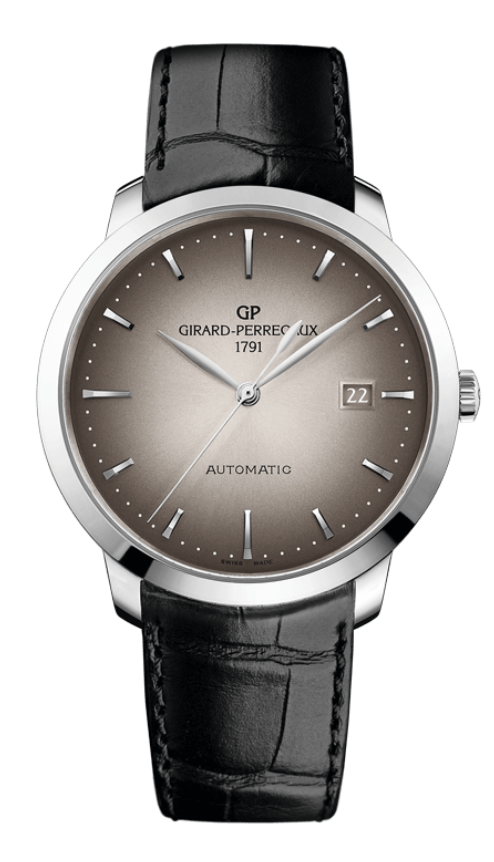 Girard-Perregaux watch with silver case, brown dial, and black leather strap, available at Hing Wa Lee Jewelers.