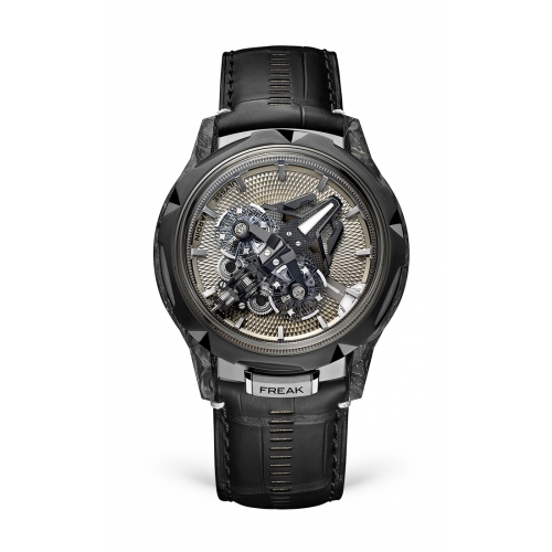 Ulysse Nardin’s FREAK black watch with leather strap and silver-toned skeleton dial showing mechanical components, available at Hing Wa Lee Jewelers.