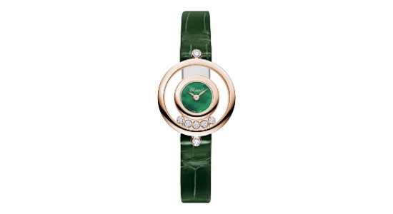 a Chopard Happy Diamonds watch with a green strap, green dial, and bezel set diamonds