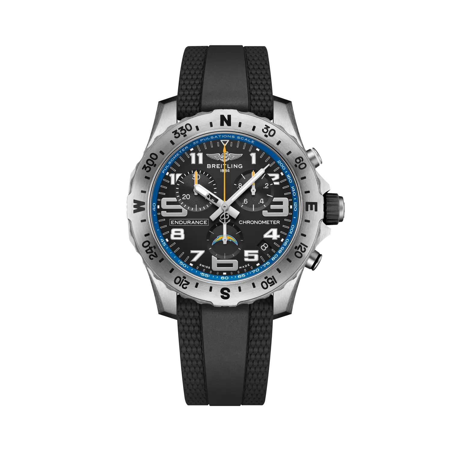 A black and silver Breitling sports watch.